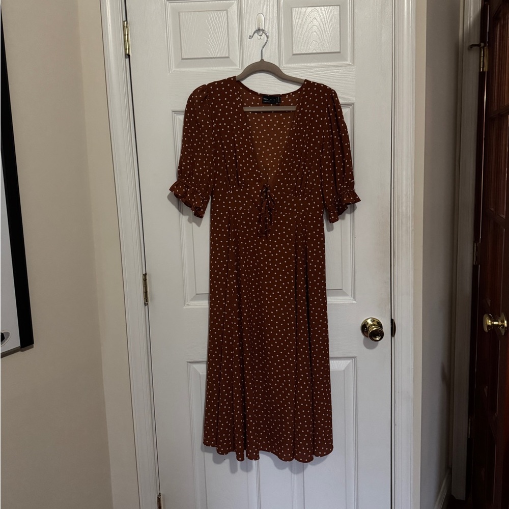 ASOS DESIGN Tie Front Polka Dot Midi Tea Dress in Rust